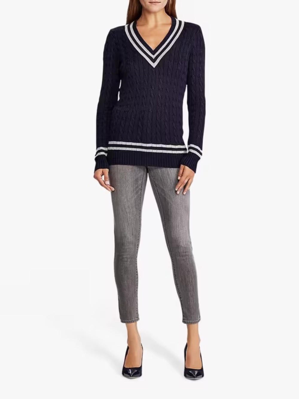 Lauren Ralph Lauren Metallic Cricket Sweater Navy Silver Preppy Knit Size XS